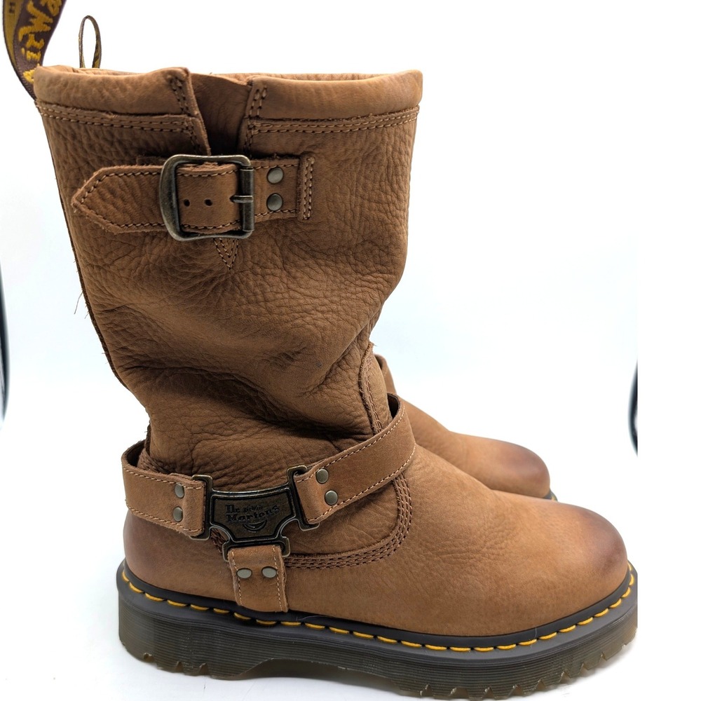 DR. MARTENS 10 Anistone Boots Hi Tumbled Nubuck Biker Moto Desert Brown NWOT